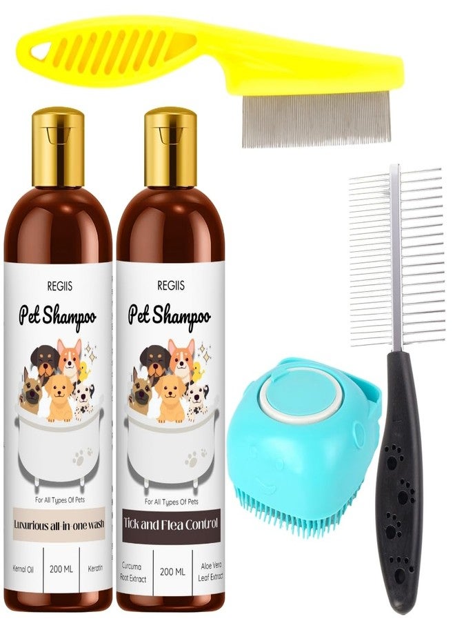 مجموعة ريجيس للعناية بالحيوانات الأليفة، شامبو للكلاب مع مكافحة القراد والبراغيث، غسول متكامل، أمشاط وفرشاة لجميع أنواع الحيوانات الأليفة، 200 مل، 5 قطع - Image 1